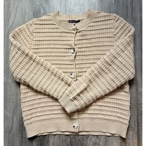 Pretty Garden 100% Cotton Beige Cardigan Large Button Up Coastal Grandma Preppy